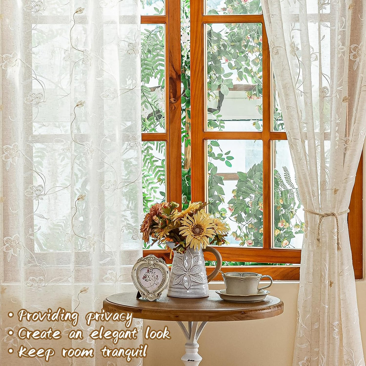 AmHoo 2 Panels Linen Floral Leaf Embroidered Semi Sheer Curtain Farmhouse Voile Curtains for Living Room Bedroom Window Treatment Beige 52 x 84 Inch