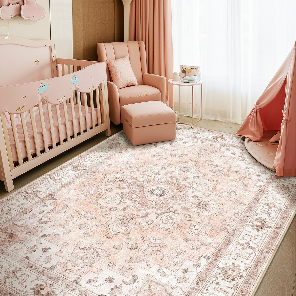 CAPALOCA 5x7 Washable Nursery Girls Low Pile Area Rug Pink