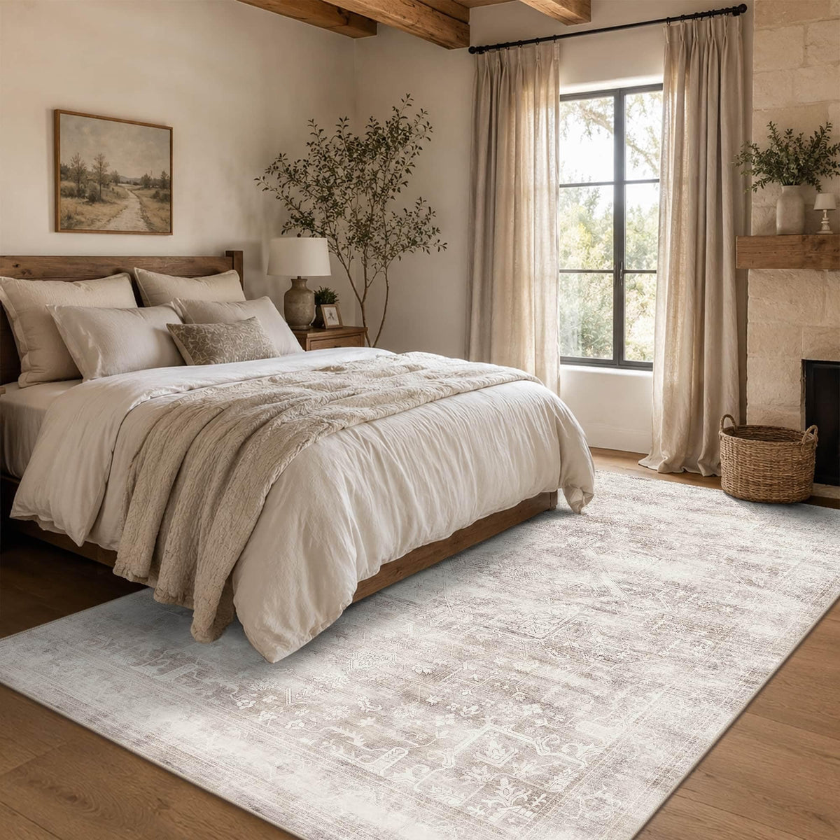 8x10 Washable Boho Area Rug, Dark Beige Farmhouse for Living Room