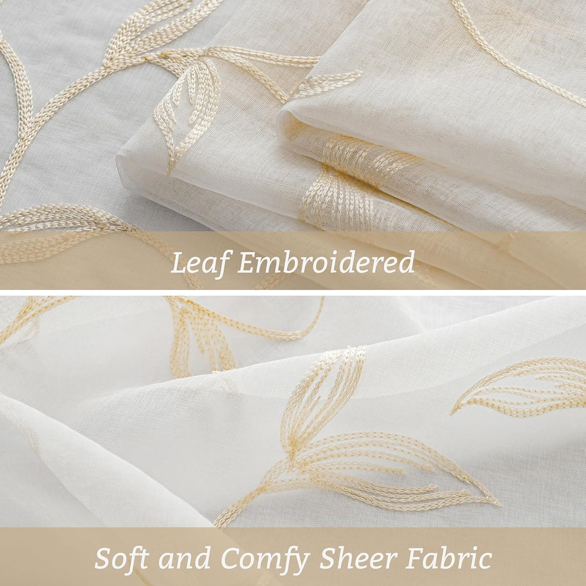 VISIONTEX Sheer Curtains Boho Leaf Floral Embroidered Cream Beige 54Wx84L