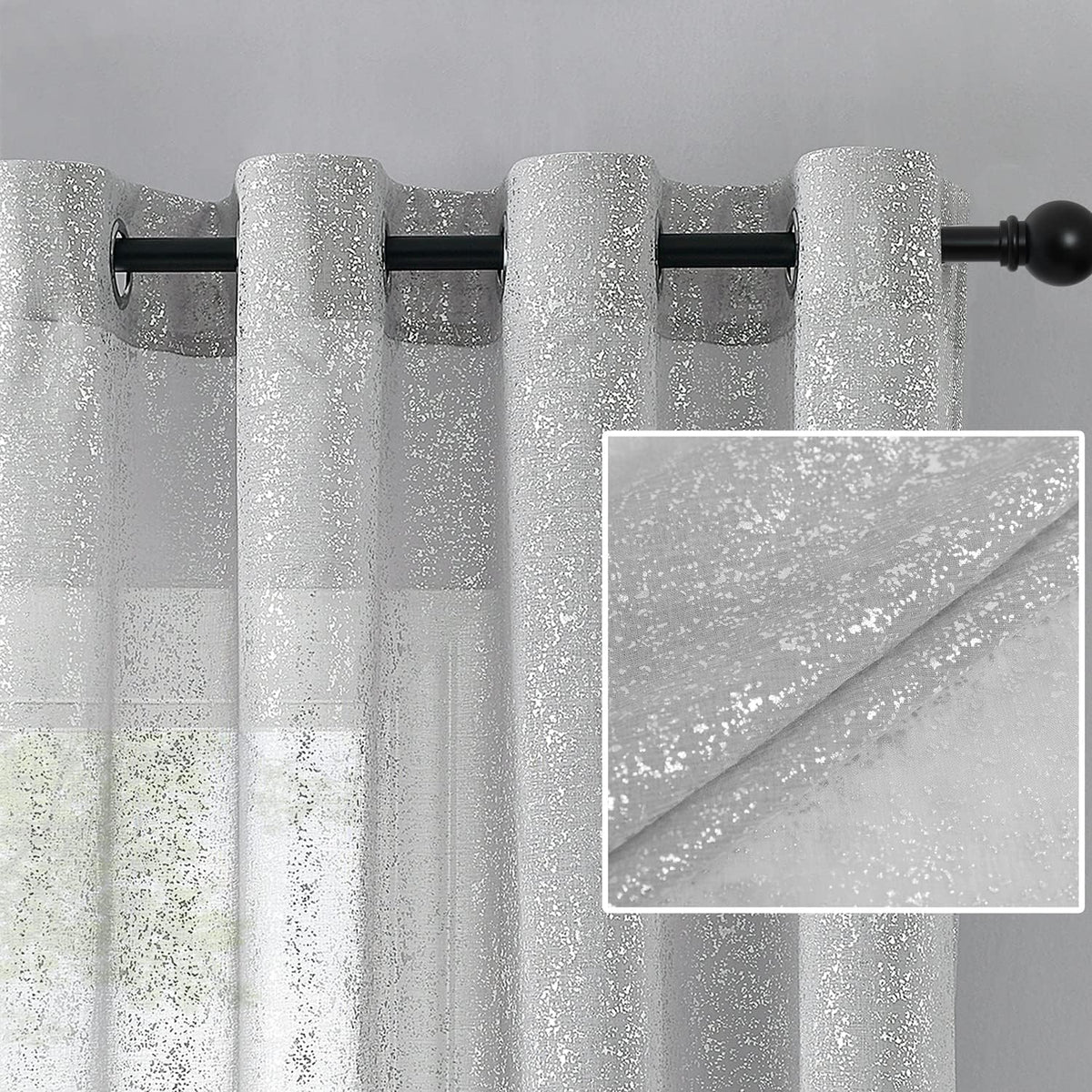 Silver Grey Sheer Curtains with Foil Dots, Grommet, 2 Panels 52 x 84 Inch