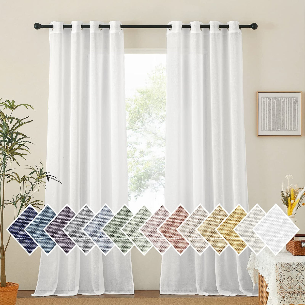 NICETOWN White Sheer Linen Curtains 84 Inch Length 2 Panels Set, W52xL84