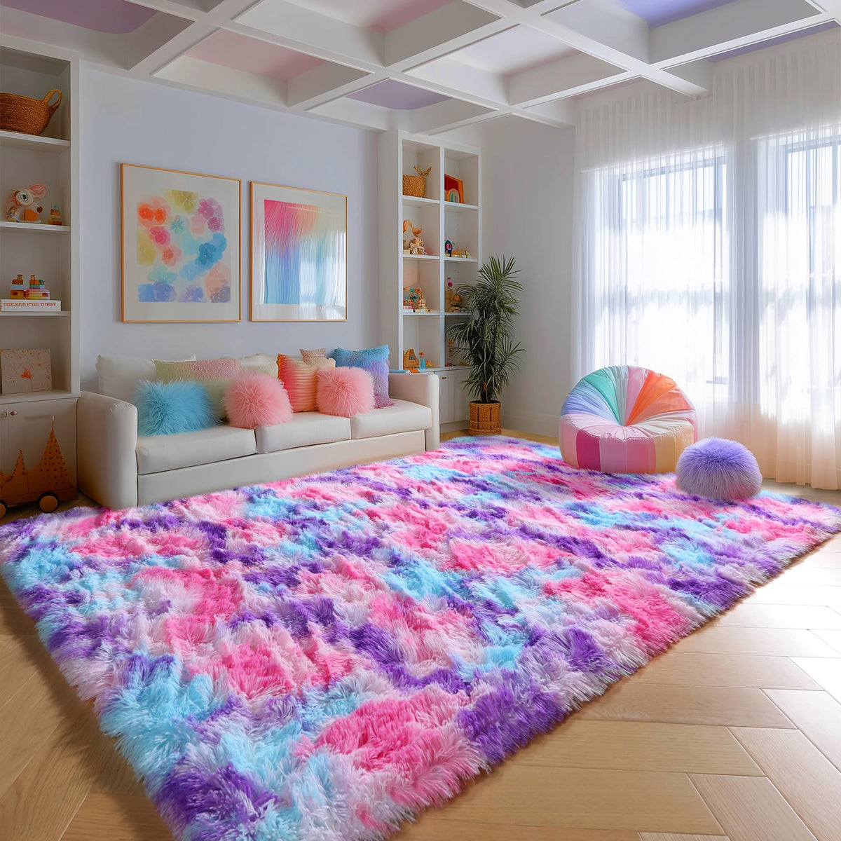 Rainbow Area Rugs for Girls Bedroom Fluffy Soft Vibrant Rugs Kids Playroom
