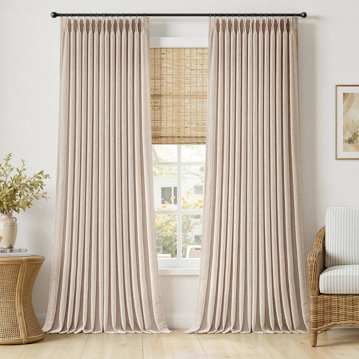 MIULEE Pinch Pleated Thick Linen Curtains 96 Inches Burlap Brown Curtains