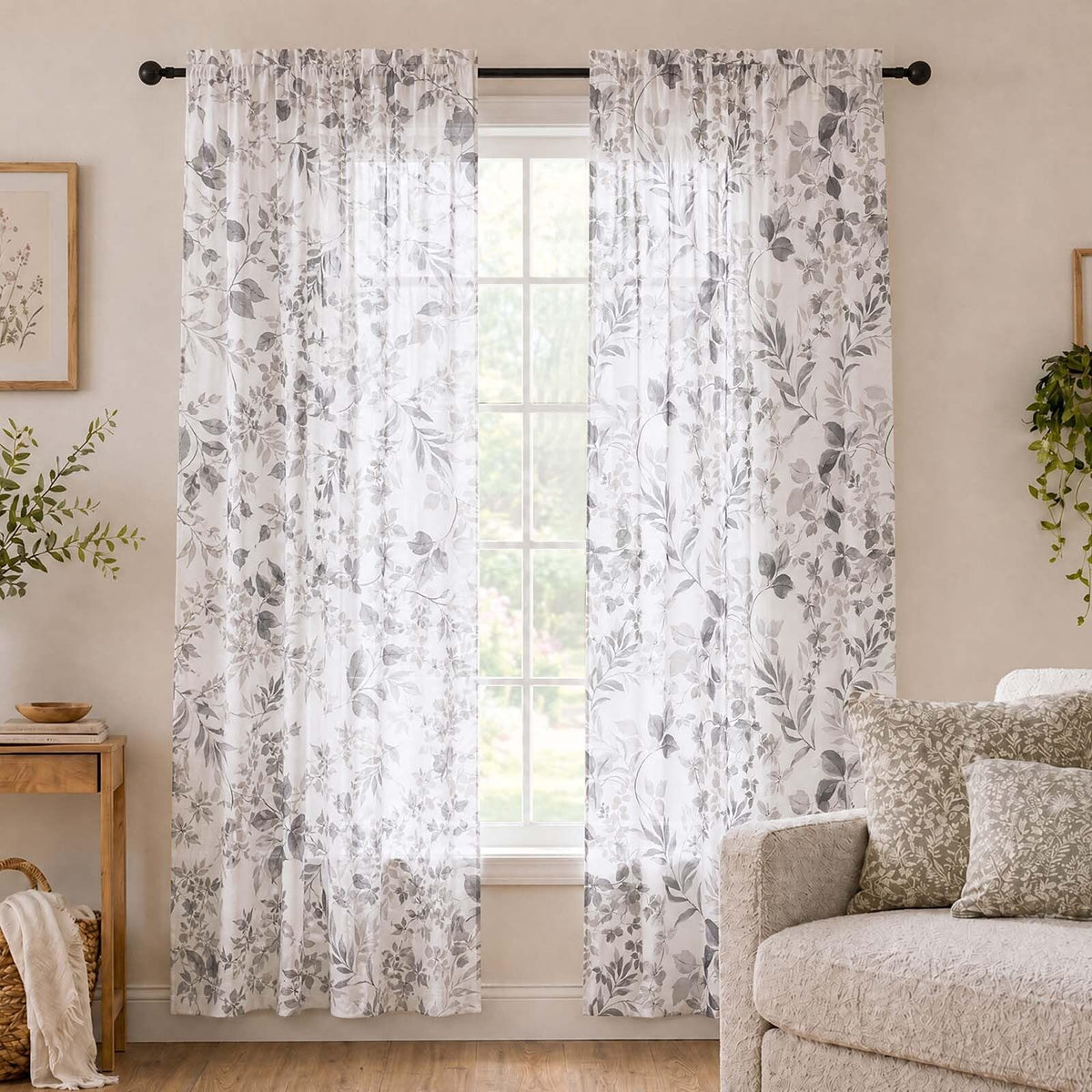 OWENIE Crushed Sheer Curtains 63 Inch Length 2 Panels Set, Sheer Floral Curtians with Printed Leaves Design, Printing Drapes for Living Room, Rod Pocket Light Filtering Window Sheers 42" W x 63" L