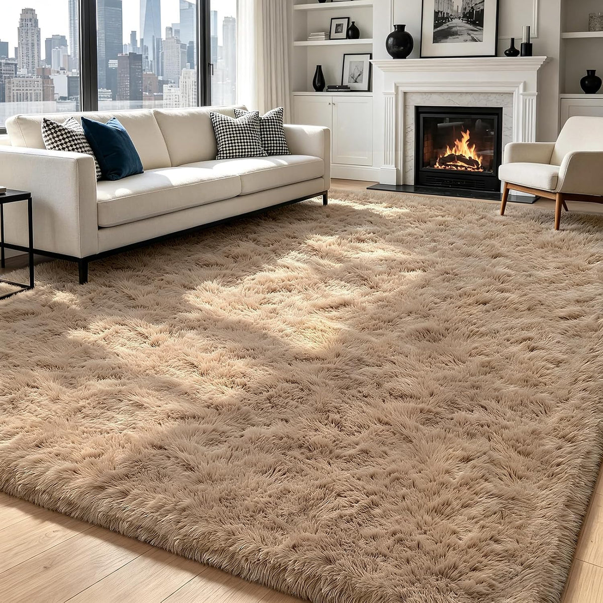 Beige 8x10 Area Rugs for Living Room, Fluffy Shag Rug Large Bedroom Carpet