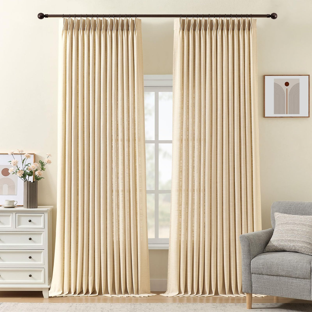 Pinch Pleated Linen Curtains 96 Inches Semi Sheer Light Filtering, 2 Panels