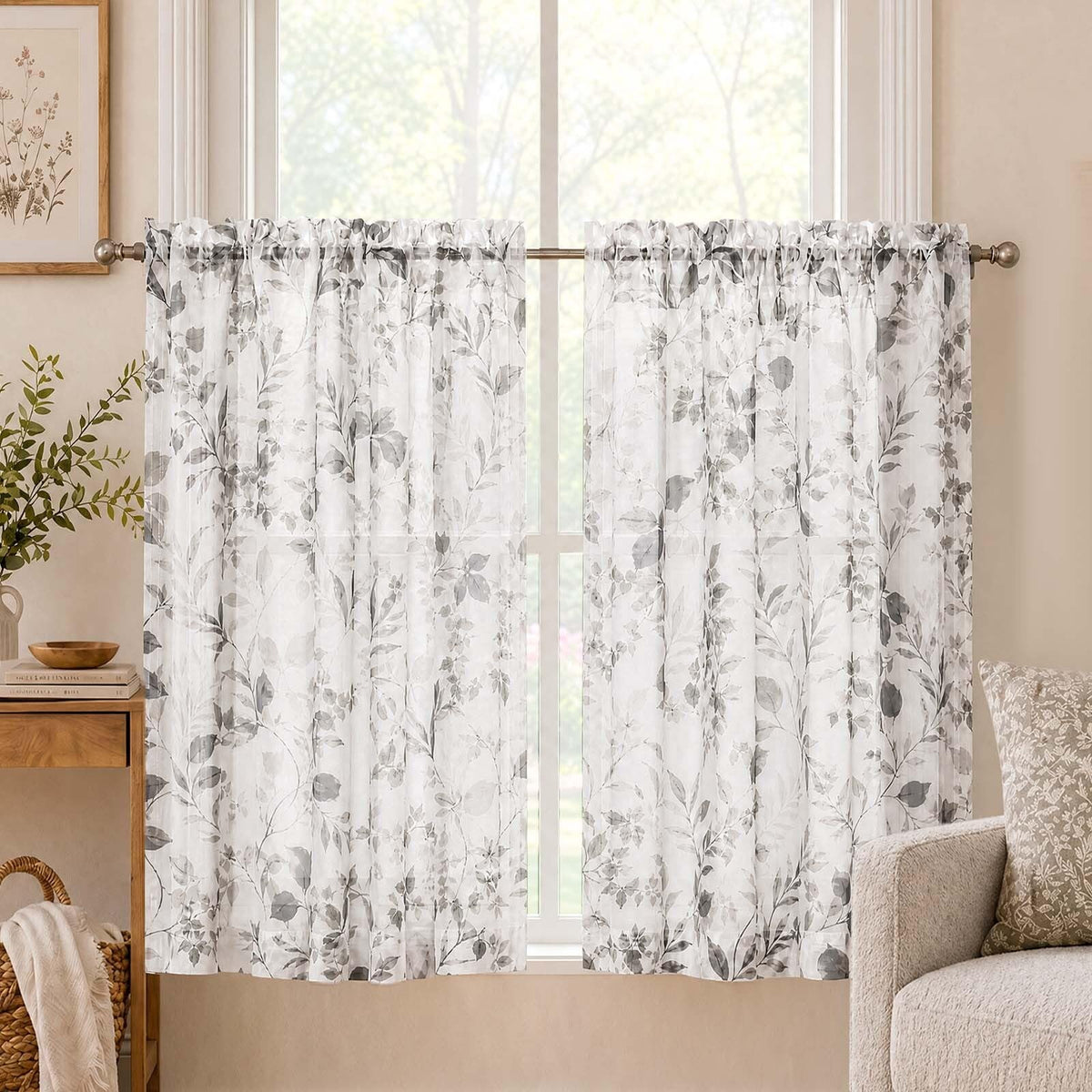 OWENIE Crushed Sheer Curtains 63 Inch Length 2 Panels Set, Sheer Floral Curtians with Printed Leaves Design, Printing Drapes for Living Room, Rod Pocket Light Filtering Window Sheers 42" W x 63" L