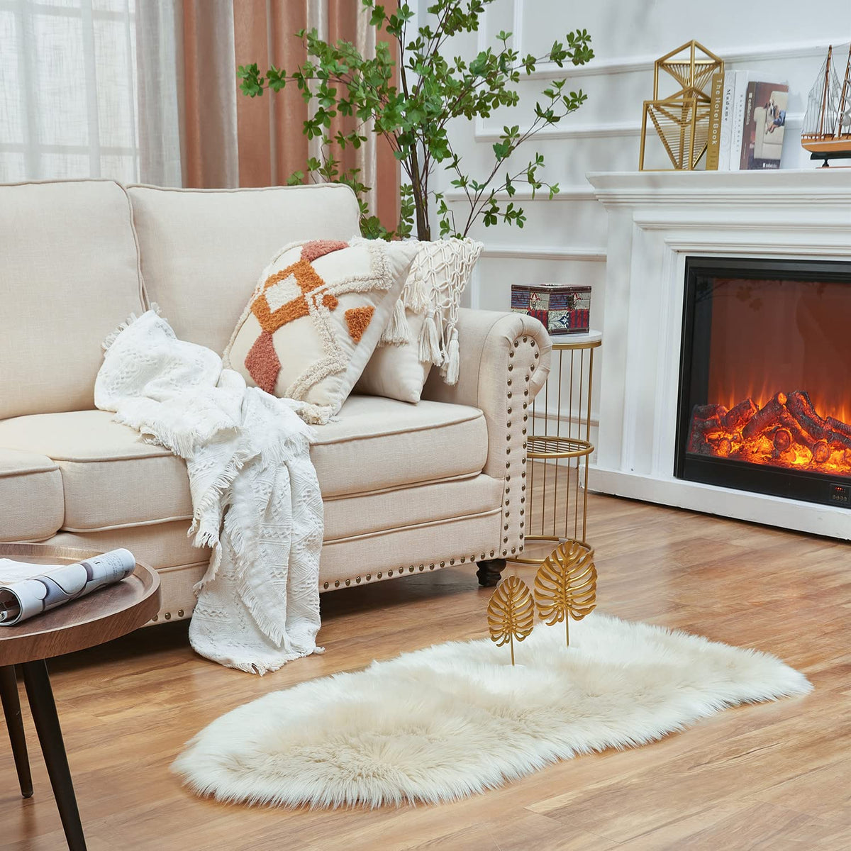 EasyJoy Ultra Soft Fluffy/Fuzzy Shaggy Area Rug Faux Fur Chair Cover Seat Pad for Bedroom Floor Sofa Living Room (2 x 6 ft Sheepskin, Beige)