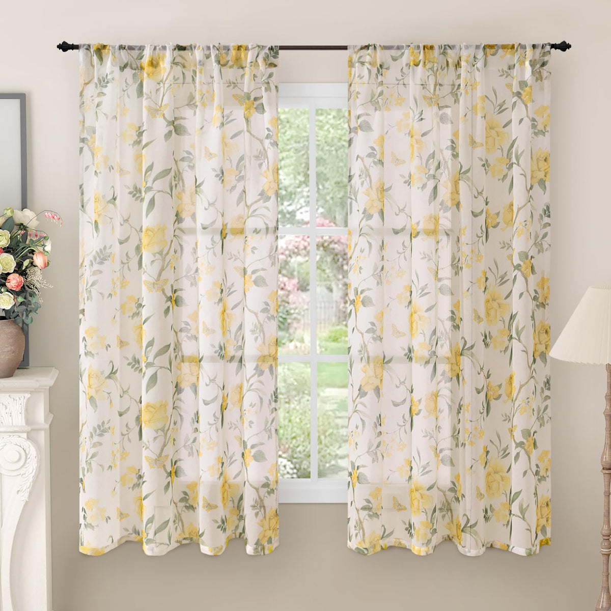Lajode Pink Floral Sheer Curtains for Girls Room - 52x84 Inch 2 Panels