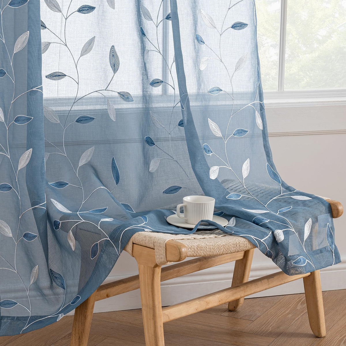 MIULEE Beige Sheer Curtains 2 Panels Embroidered Leaf Patterned, W52 x L84