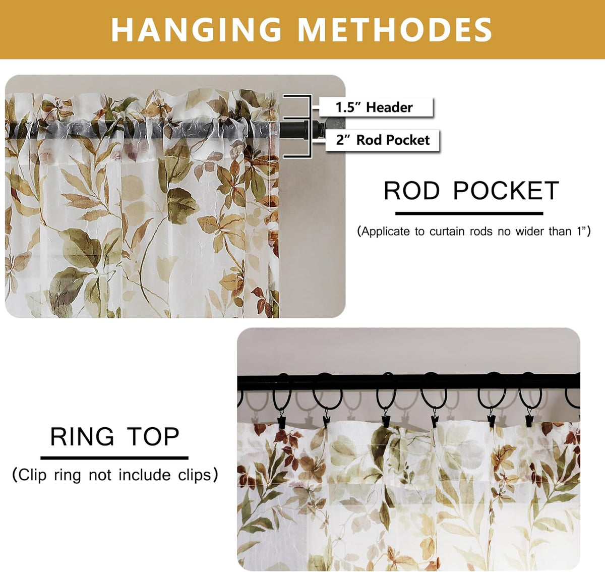 OWENIE Crushed Sheer Curtains 63 Inch Length 2 Panels Set, Sheer Floral Curtians with Printed Leaves Design, Printing Drapes for Living Room, Rod Pocket Light Filtering Window Sheers 42" W x 63" L