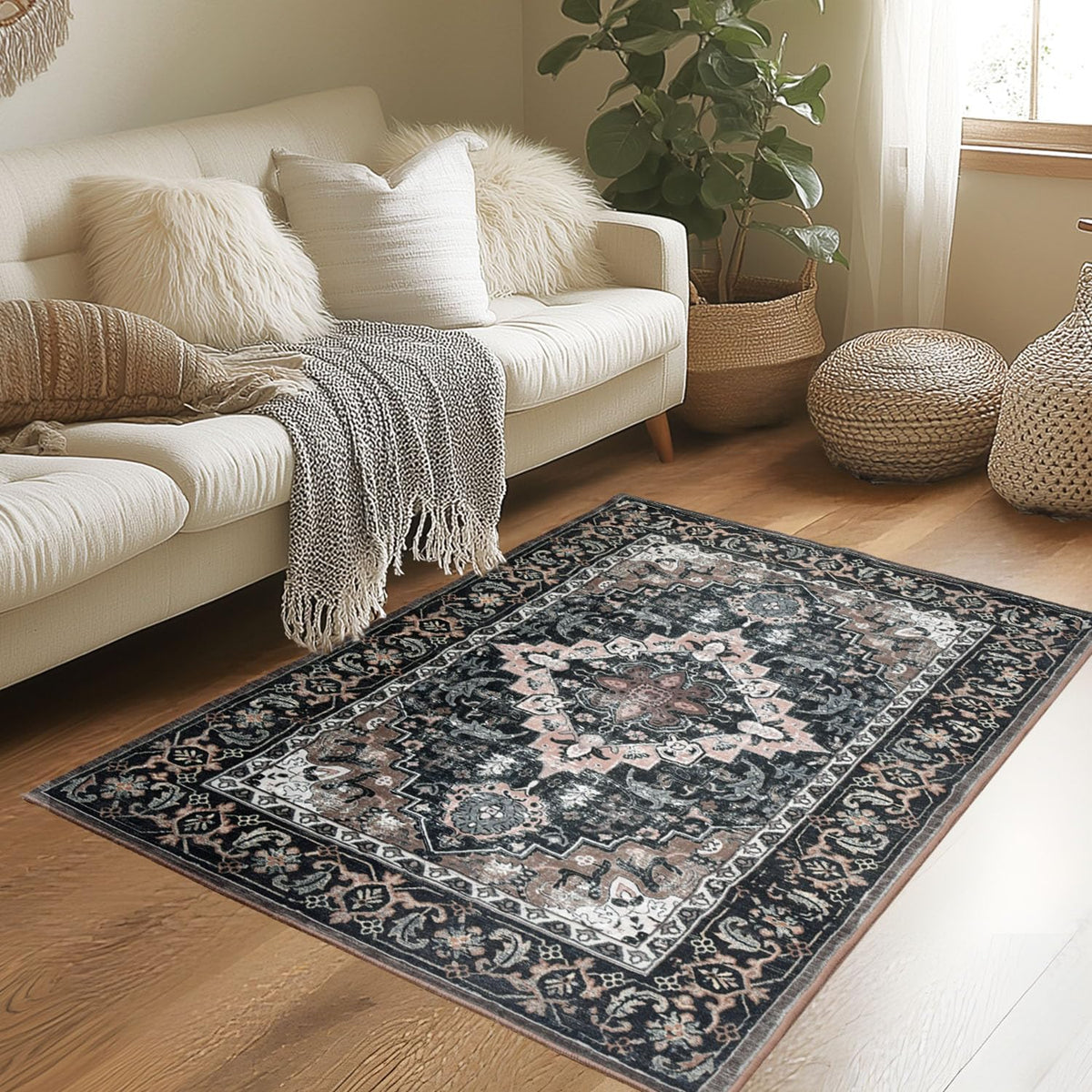 Lessymo 8 x 10 Area Rugs for Living Room, Machine Washable Rug Grey White