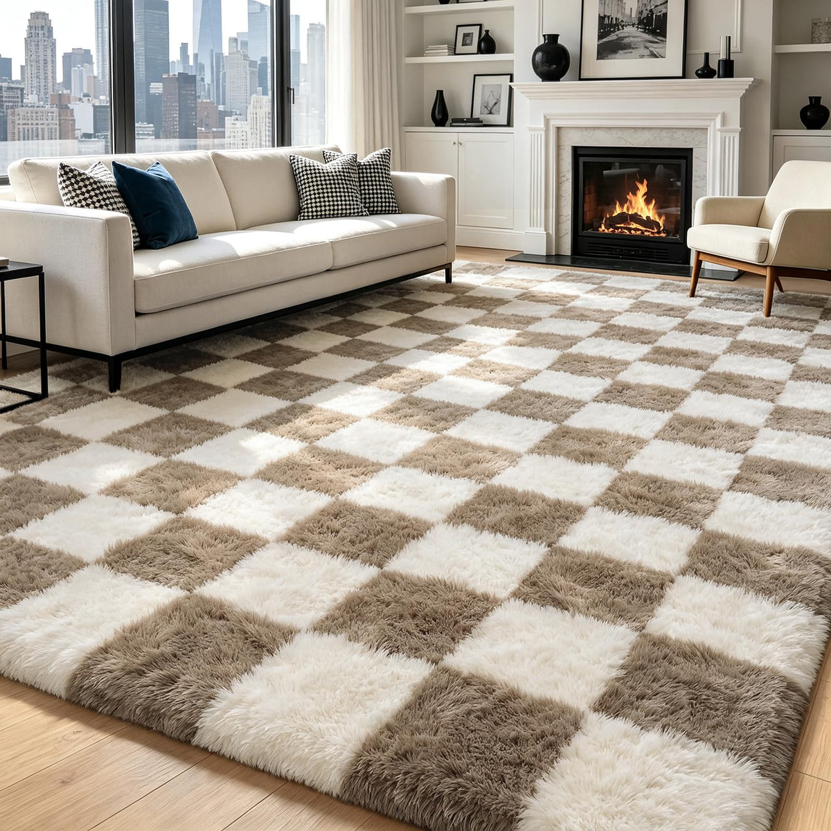 Beige 8x10 Area Rugs for Living Room, Fluffy Shag Rug Large Bedroom Carpet