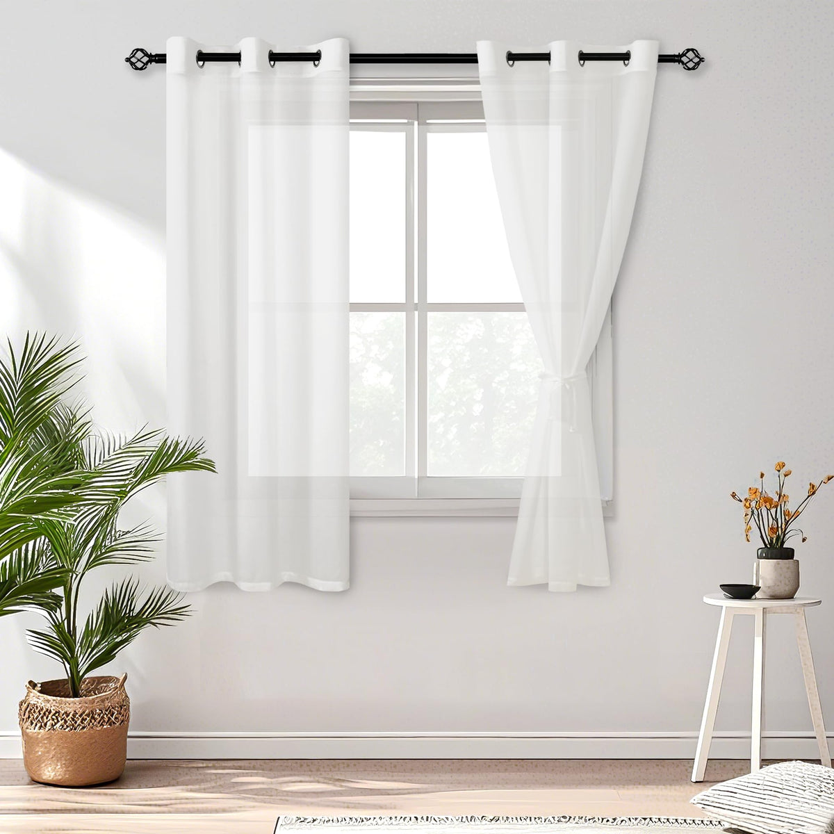DWCN White Sheer Curtains Linen Look Semi Transparent Voile Grommet White Curtains for Living Dining Room Drapes 52 x 84 Inch Long, Set of 2 Panels