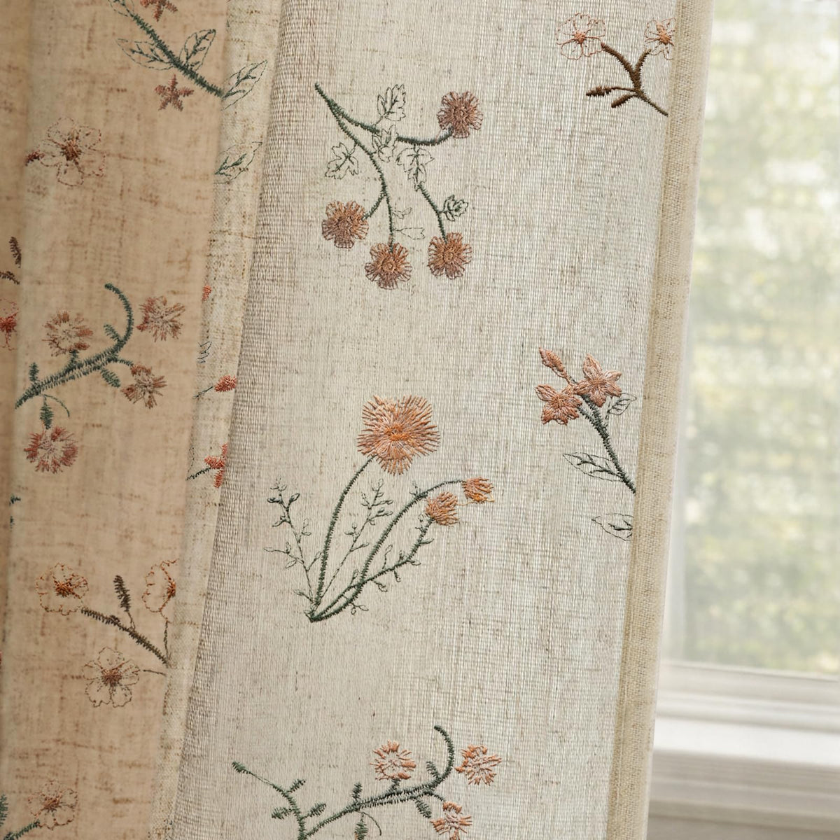 Boho Floral Light Filtering Curtains 84 Inch 2 Panels Linen Texture