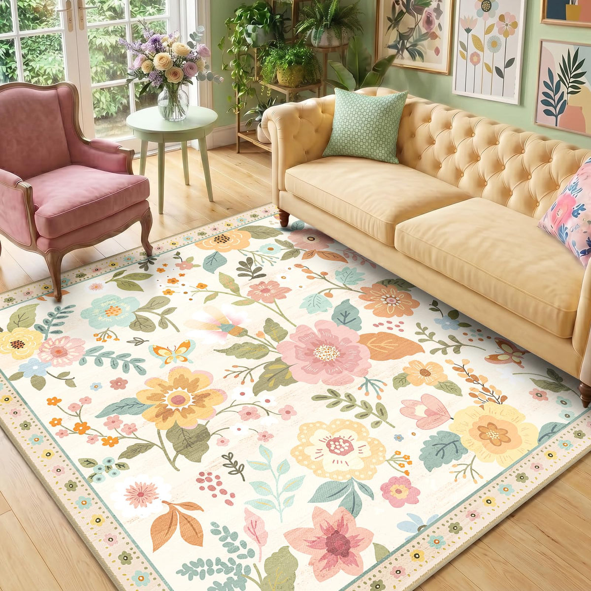 RELEANY Floral Washable 5x7 Area Rugs Pink