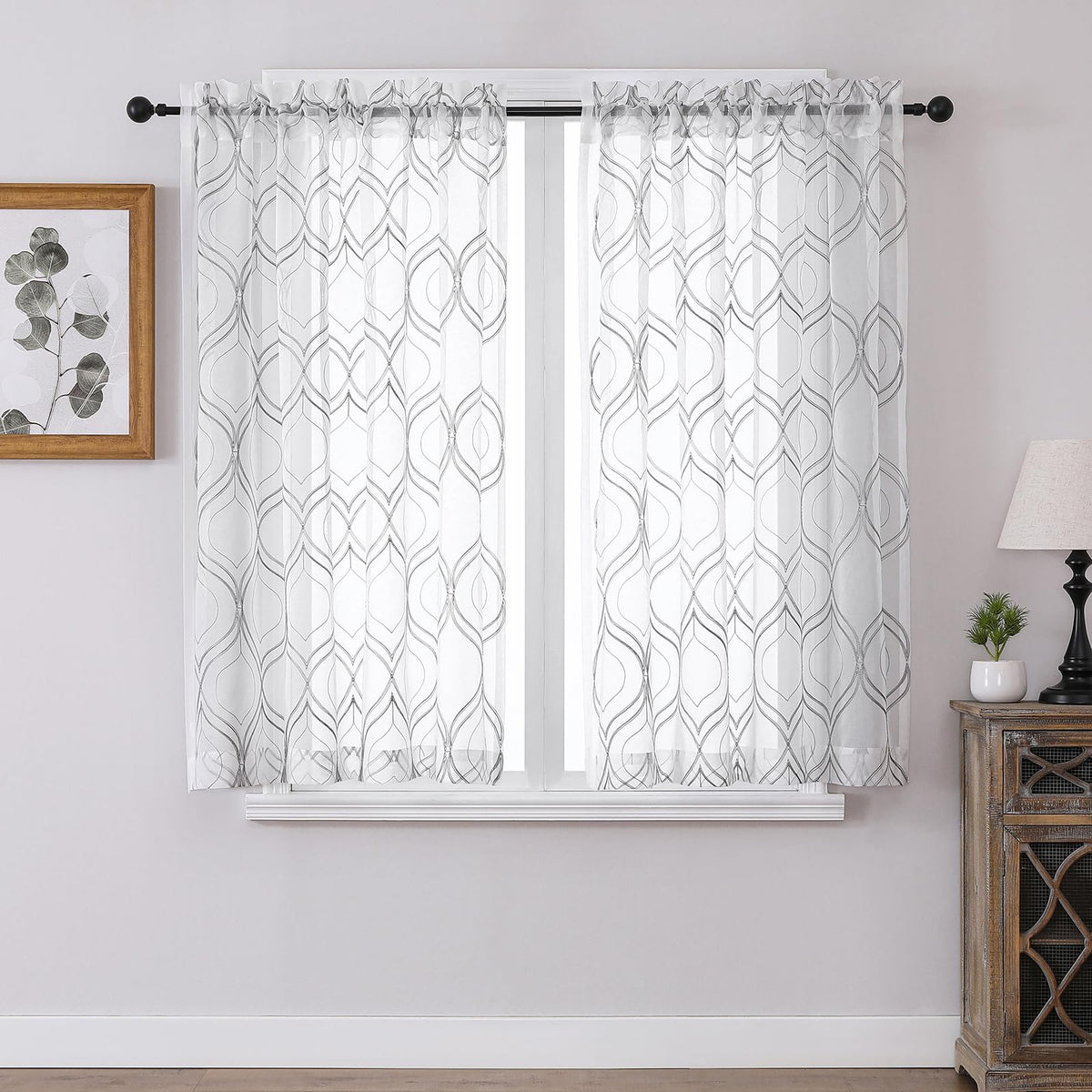 VISIONTEX White Sheer Curtains Grey Moroccan Embroidered 63 Inch Length
