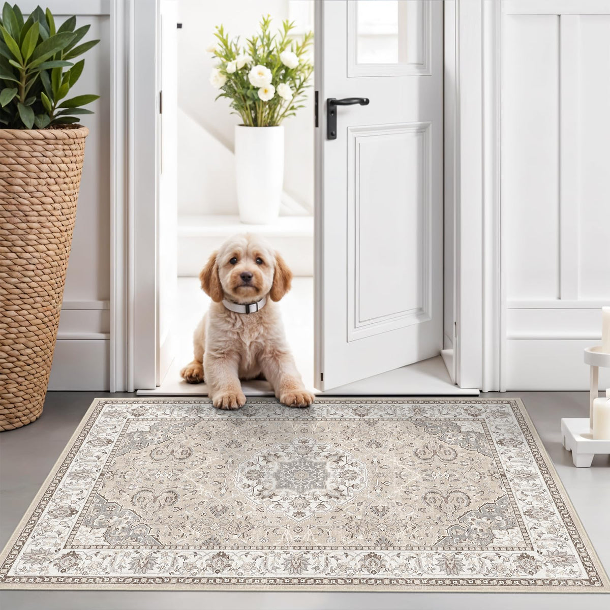 2x6 Hallway Washable Runner Rug : Vintage Soft Kitchen Laundry Runner with Non Slip Backing Farmhouse Entryway Living Room Floor Mat Stain Resistant Carpet for Bedroom Bathroom Distressed Beside Rug