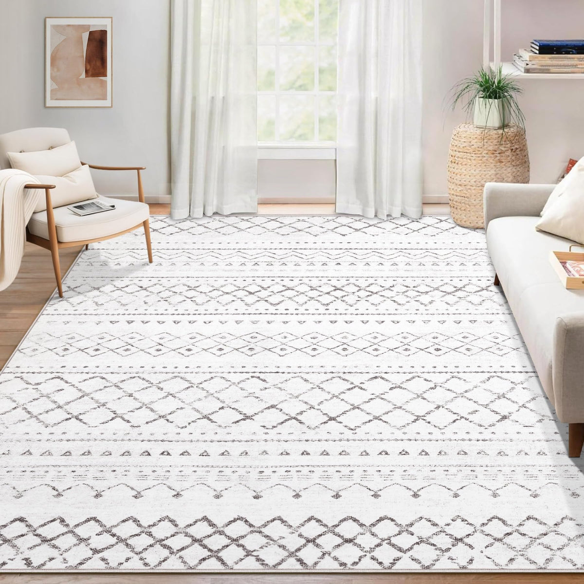 Area Rug 4x6 Geometric Rug: Washable Boho Moroccan Rugs Soft Farmhouse Rug, Modern Neutral Stain Resistant Indoor Floor Carpet for Livingroom Bedroom Dining Table Nursery(Modern Beige,4'x6')