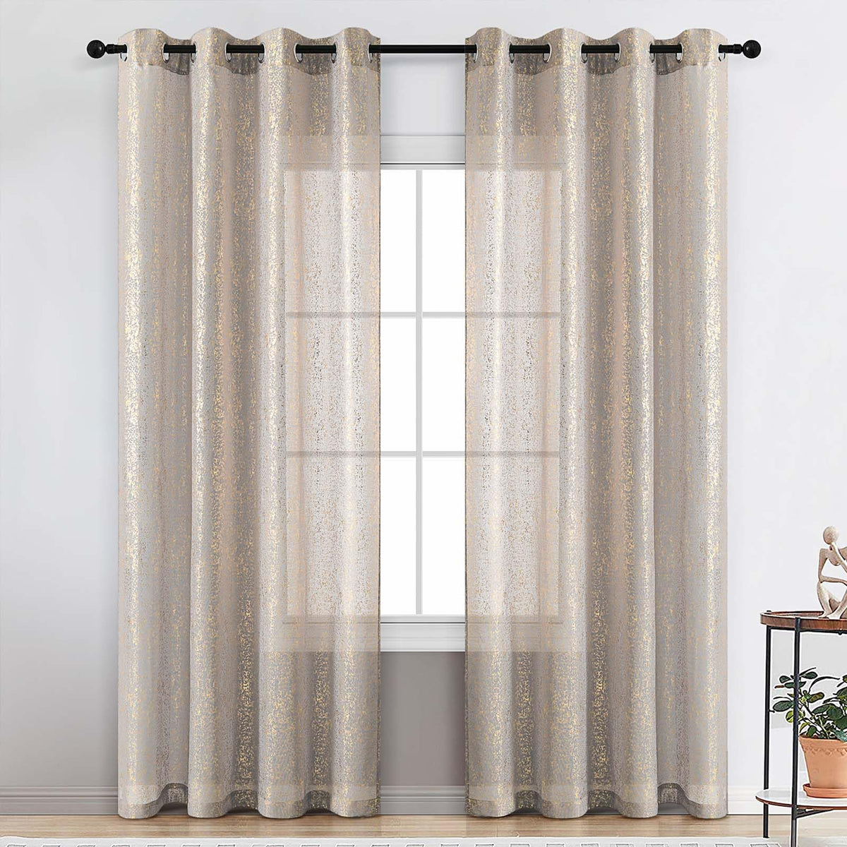 Silver Grey Sheer Curtains with Foil Dots, Grommet, 2 Panels 52 x 84 Inch