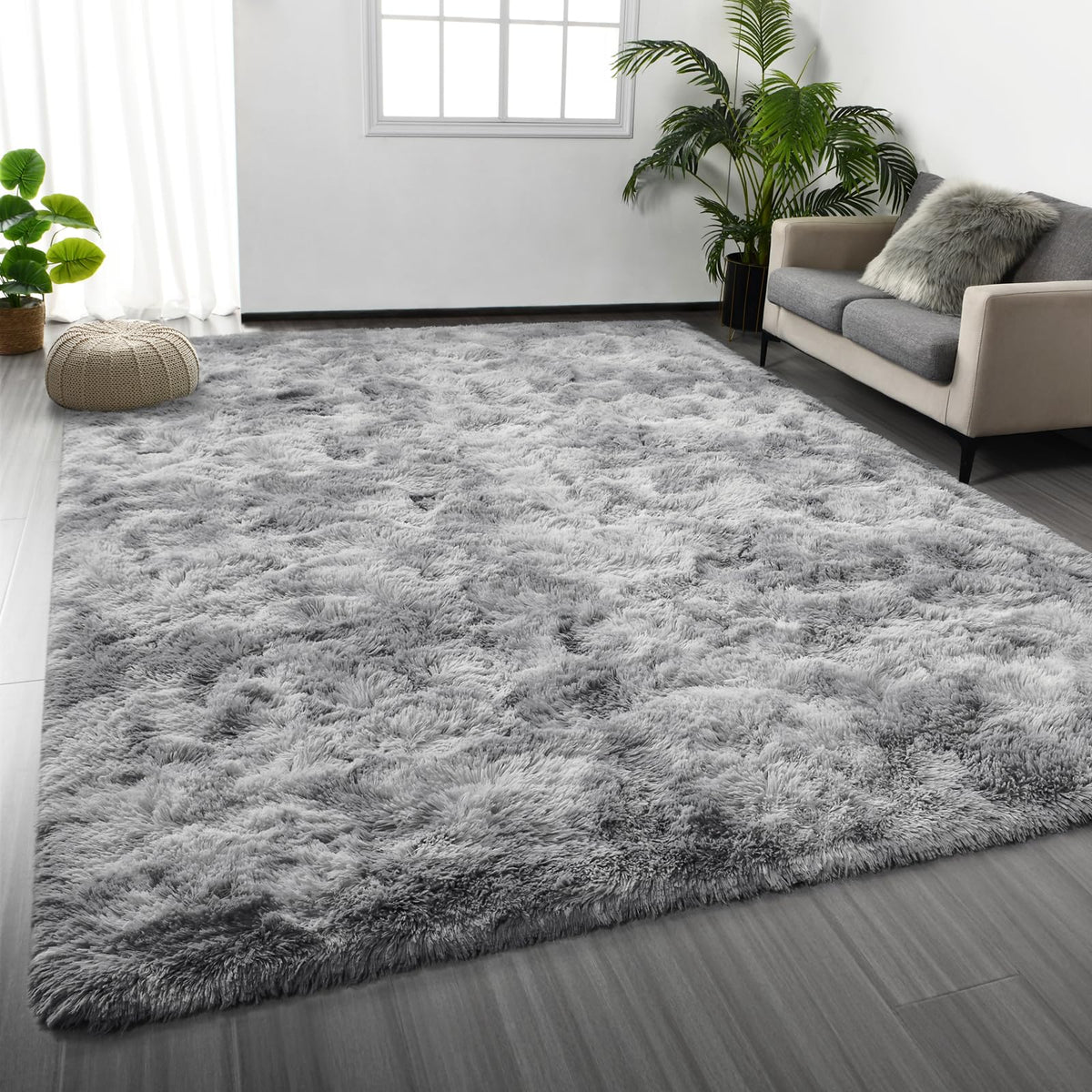 Deerhoo Large Shag Area Rugs 5 x 8, Tie-Dyed Plush Fuzzy Rugs, Light Grey