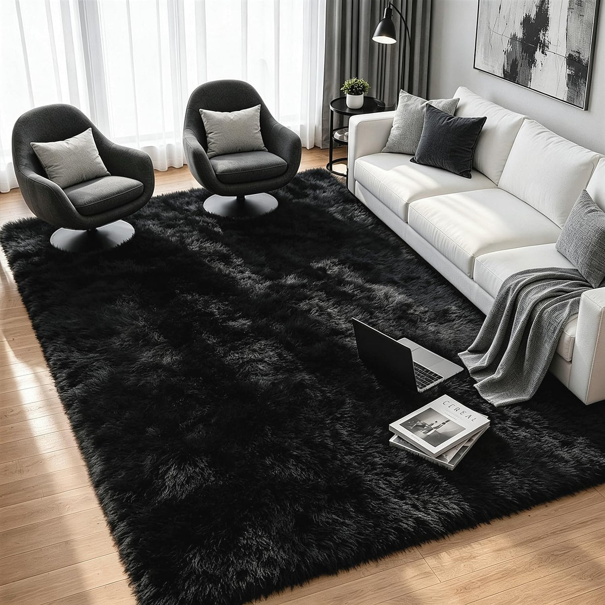 8x10 Black Area Rug for Living Room Bedroom, Soft Fluffy Fuzzy Fur Shag Rug