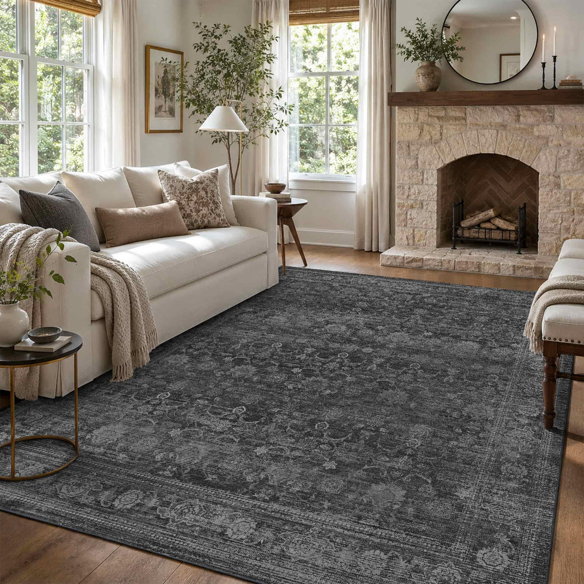 8x10 Washable Boho Area Rug, Dark Beige Farmhouse for Living Room