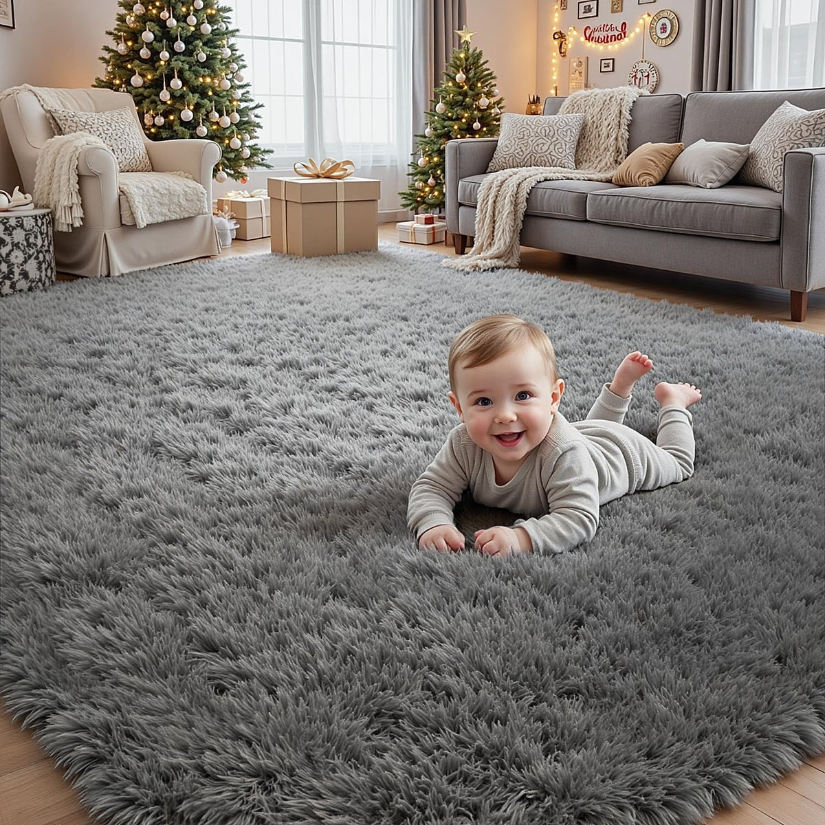 8x10 Fluffy Shag Area Rugs for Living Room Bedroom: Soft Plush Carpet Grey