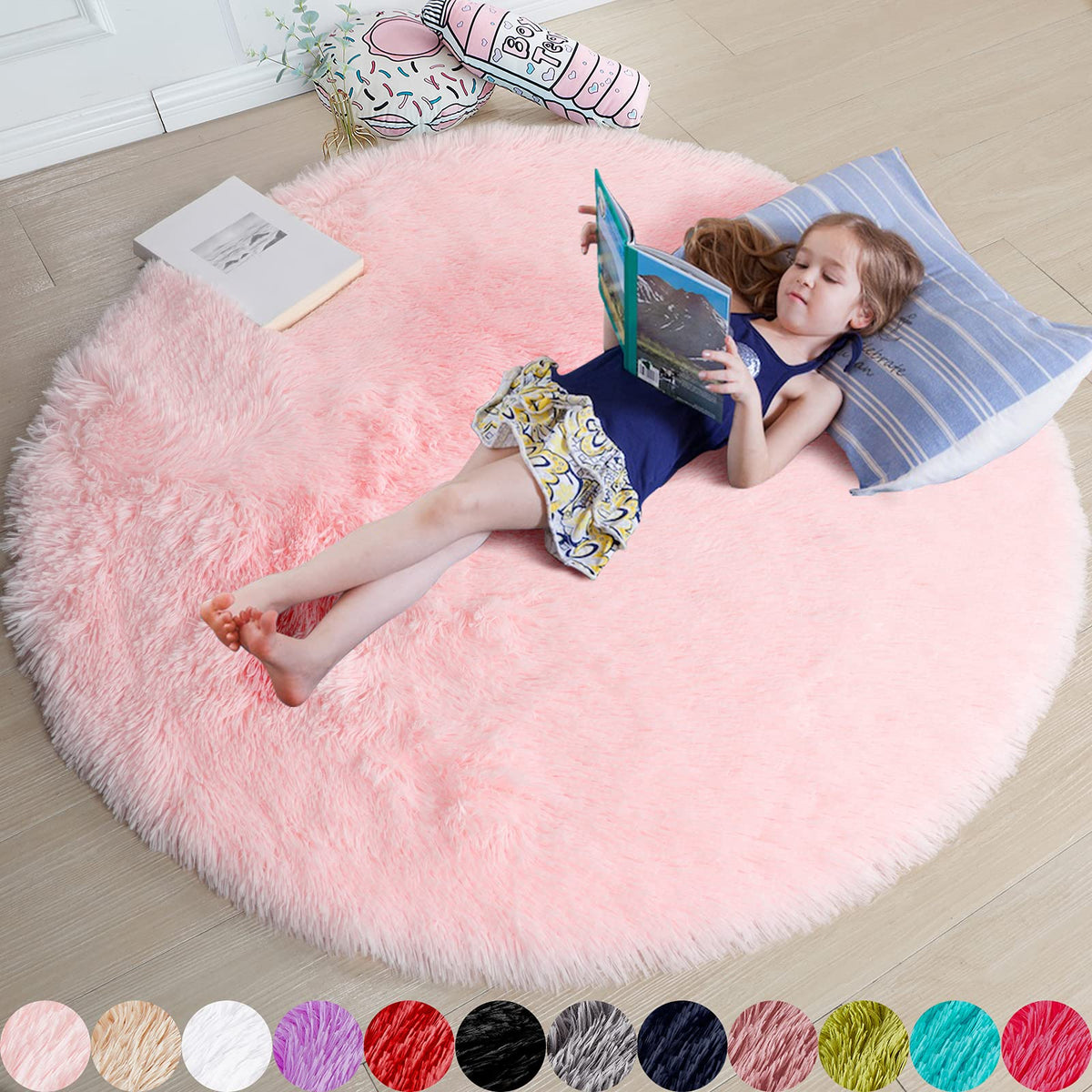 Amdrebio Pink Circle Round Fluffy Area Rug 4Ft for Girls Bedroom Kids Room