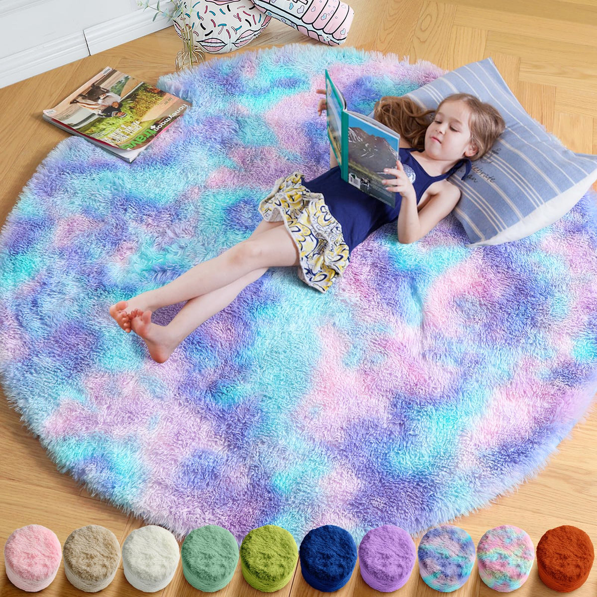 Amdrebio Pink Circle Round Fluffy Area Rug 4Ft for Girls Bedroom Kids Room