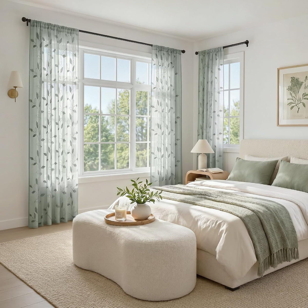 HOMEIDEAS Sage Green Sheer Curtains Leaf Embroidered, 52x84 Inch, 2 Panels