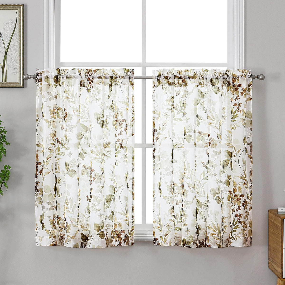 OWENIE Crushed Sheer Curtains 63 Inch Length 2 Panels Set, Sheer Floral Curtians with Printed Leaves Design, Printing Drapes for Living Room, Rod Pocket Light Filtering Window Sheers 42" W x 63" L