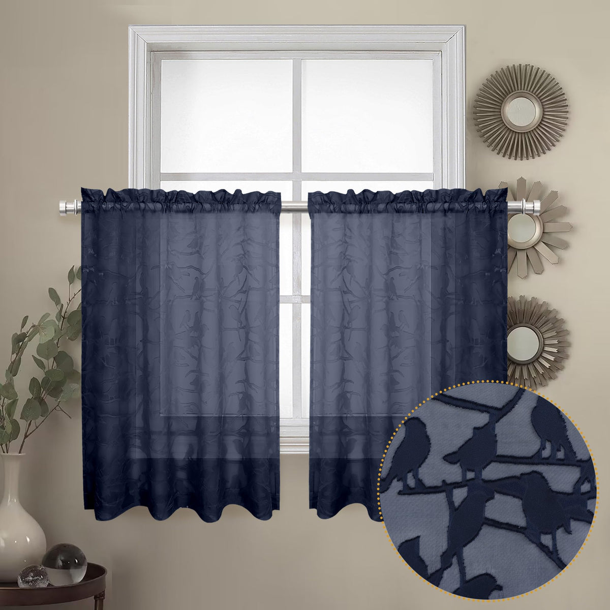 OVZME Sage Green Sheer Curtains 63 Inch Length 2 Panel Set, Light Filtering Bedroom Curtains with Dual Rod Pocket Top, Leaf Bird Clip Jacquard Sheer Farmhouse Window Drapes for Living Room, 2x38Wx63L