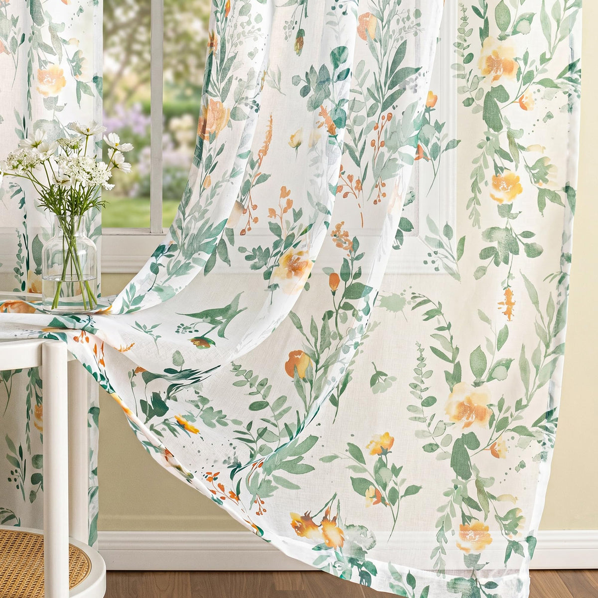 MYSKY HOME Yellow and Blue Sheer Floral Curtains 84 Inch Length 2 Panels