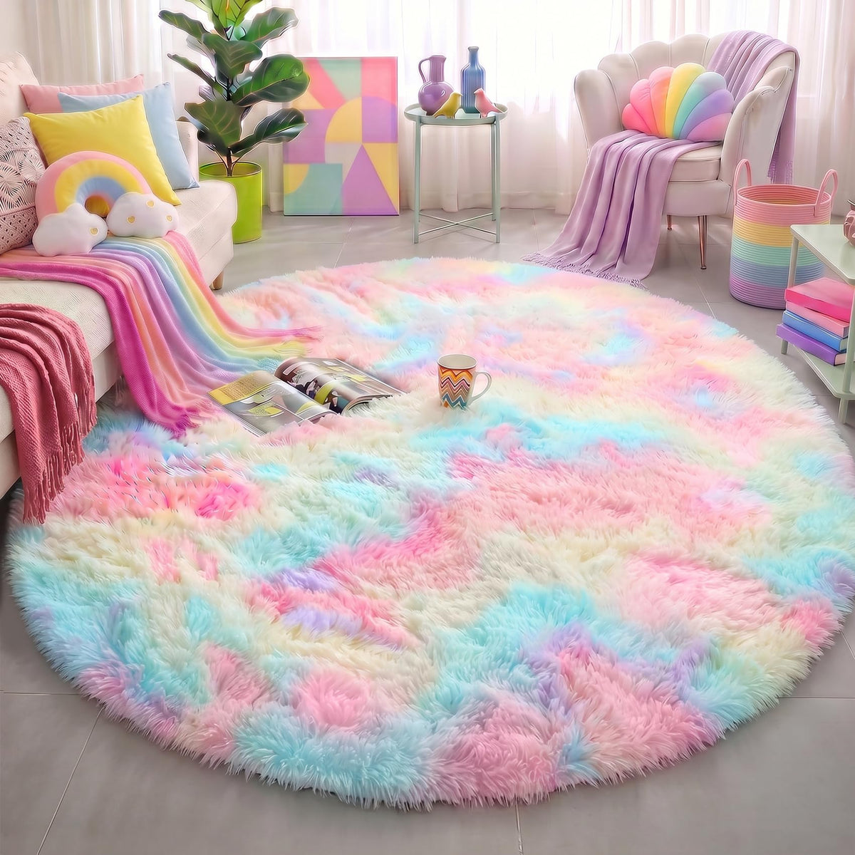 Amdrebio Pink Circle Round Fluffy Area Rug 4Ft for Girls Bedroom Kids Room