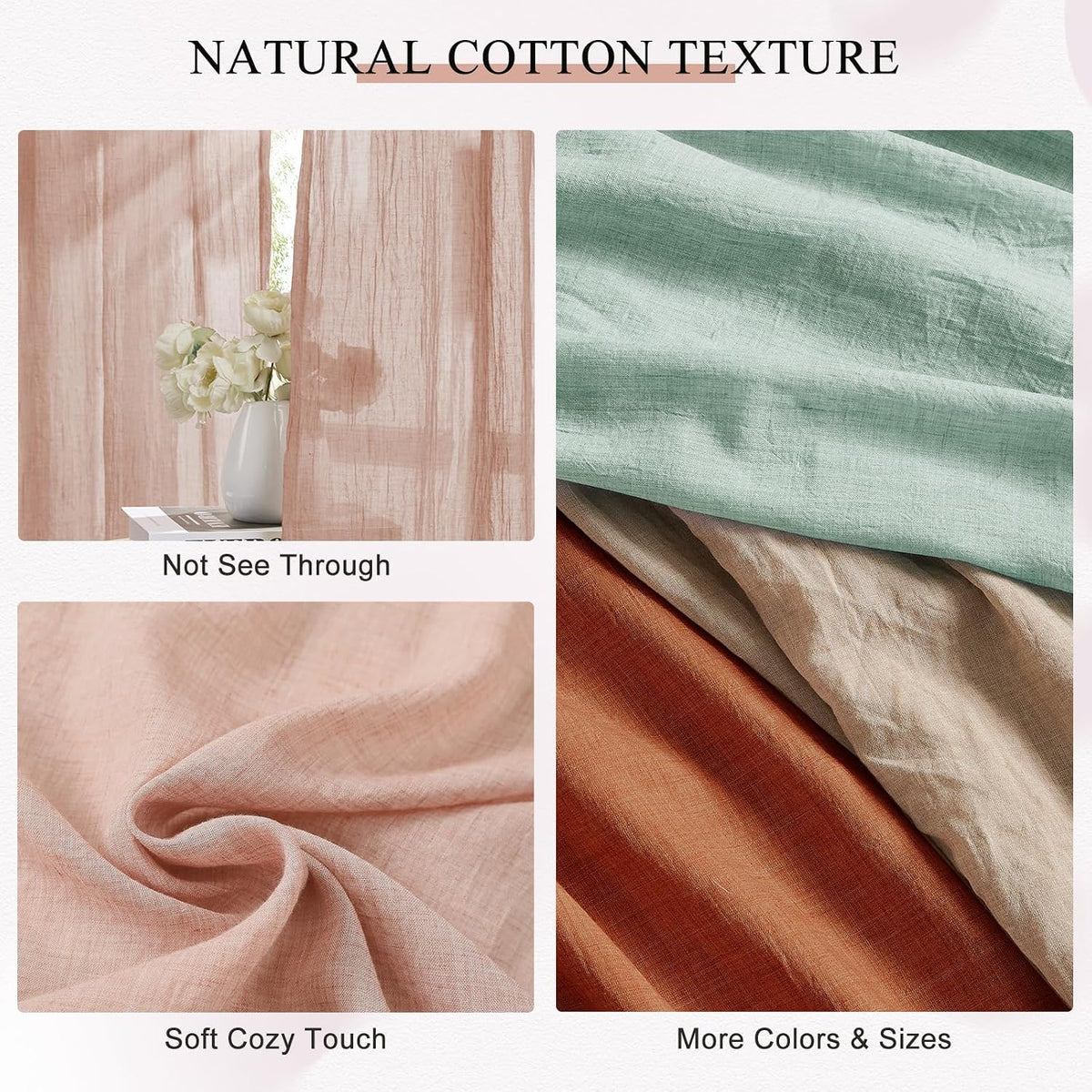 Melodieux Blush Pink Cotton Sheer Curtains 84 Inches Long, Bedroom Living Room Natural Light Filtering Crepe Voile Drapes Rustic Crinkle Linen Sheer Curtains Rod Pocket, 52" W x 84" L, 2 Panels