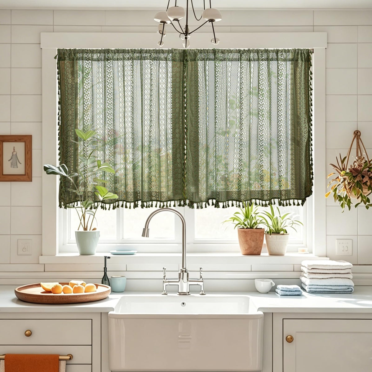 Sutuo Home Terracotta Boho Lace Curtains 2 Panels 84 Inches Long for Living Room&Bedroom, Burnt Orange Crochet Privacy Farmhouse Vintage Tassels Retro Halloween Window Sheer Curtains Rod Pocket,50" W