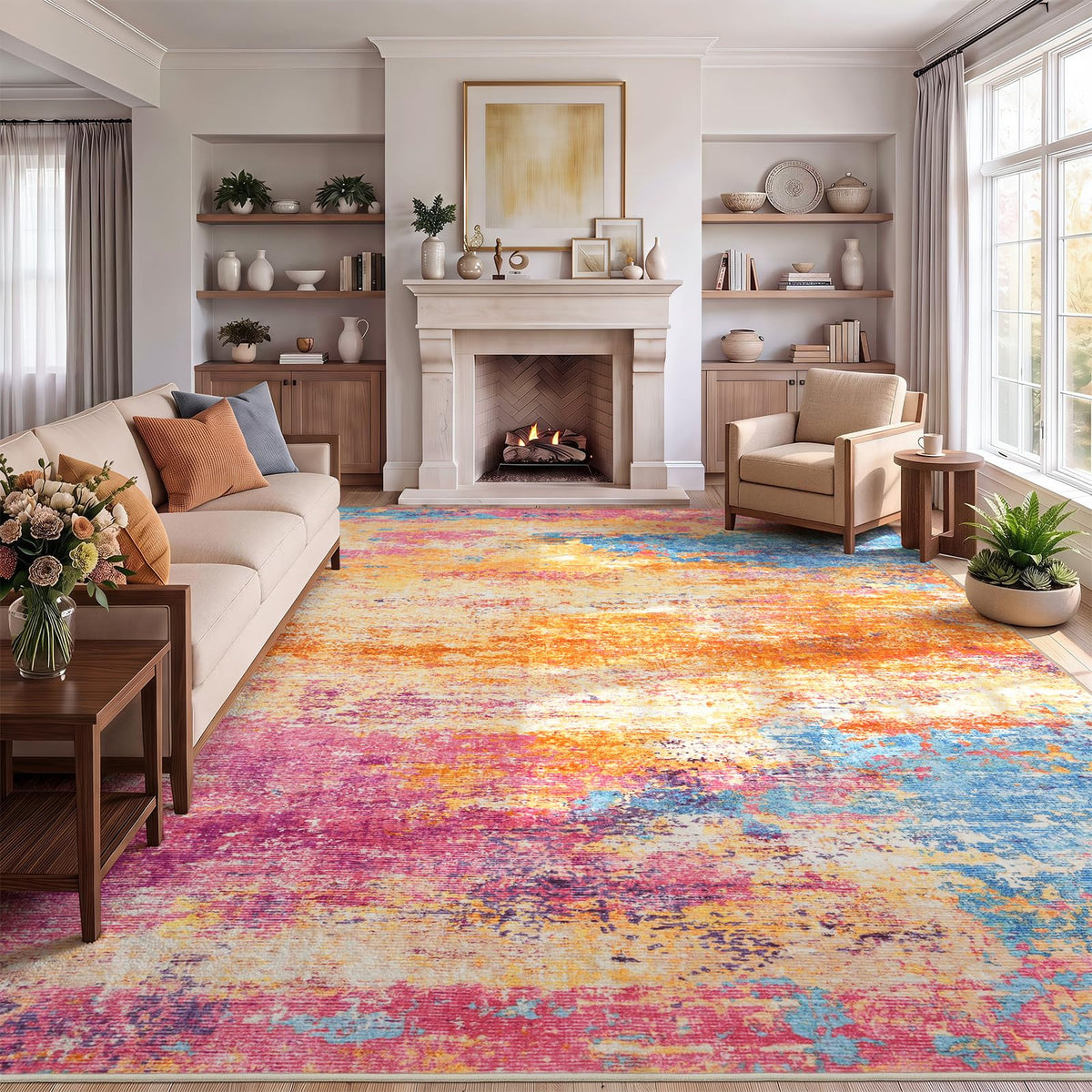 8x10 Area Rug for Living Room, Abstract Washable Non-Slip Large Rugs, Gold