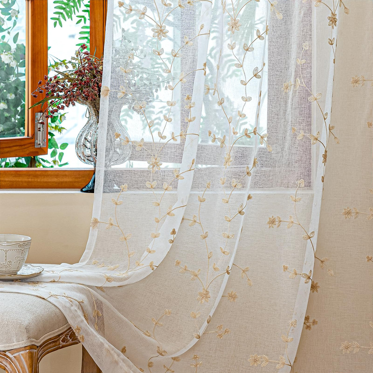 AmHoo 2 Panels Leaf Flora Embroidered Farmhouse Semi Sheer Curtain Voile Curtains for Living Room Bedroom Window Treatment White Sage Green 53 x 84 Inch