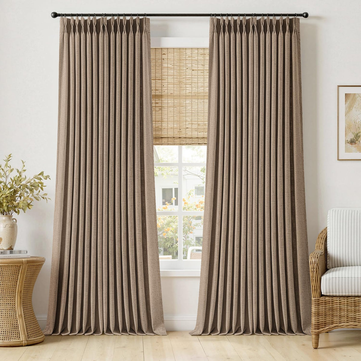MIULEE Pinch Pleated Thick Linen Curtains 96 Inches Burlap Brown Curtains