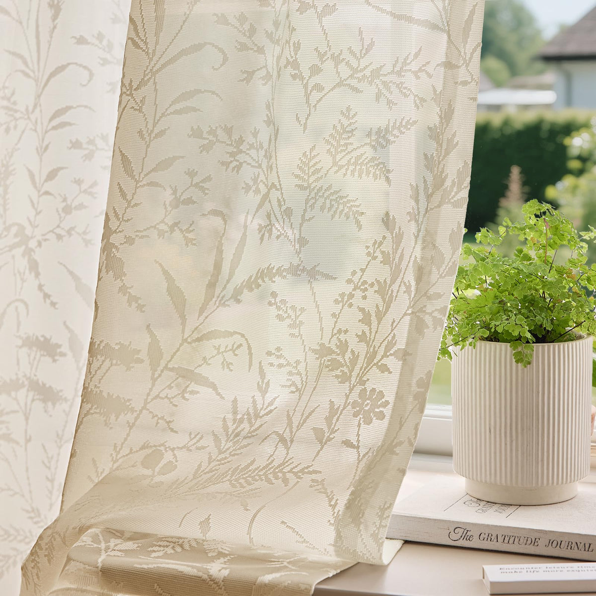 Anmao White Semi Sheer Light Filtering Curtains 84 Inches Long 2 Panels, Leaf Pattern Drapes for Living Room Bedroom, Rod Pocket Sheer Window Treatments with Floral Design, 52x84 Inch