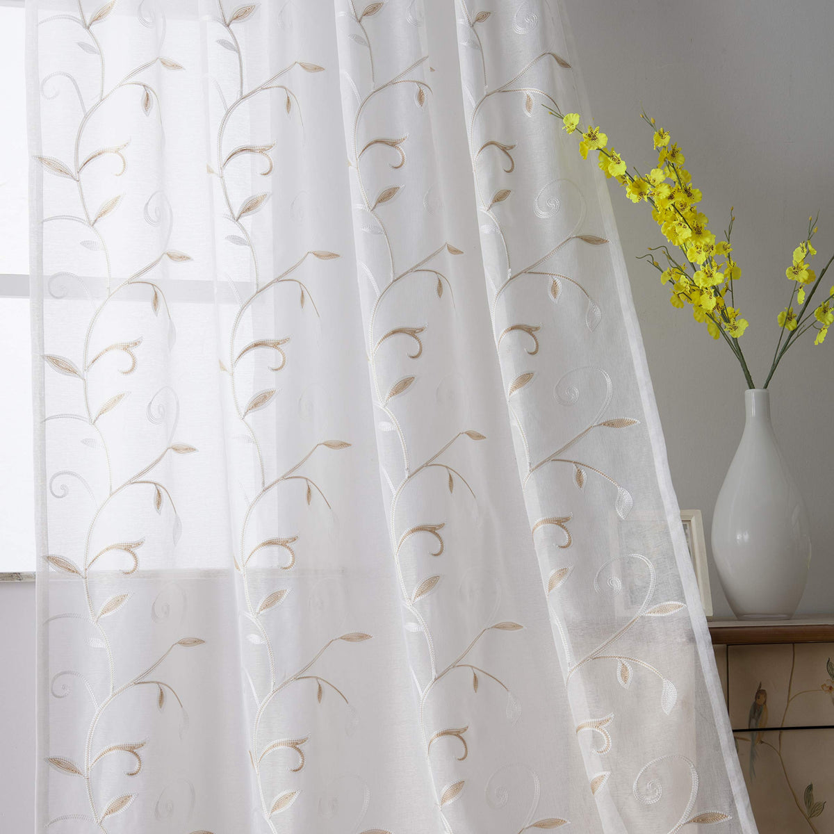 VISIONTEX Sheer Curtains Boho Leaf Floral Embroidered Cream Beige 54Wx84L