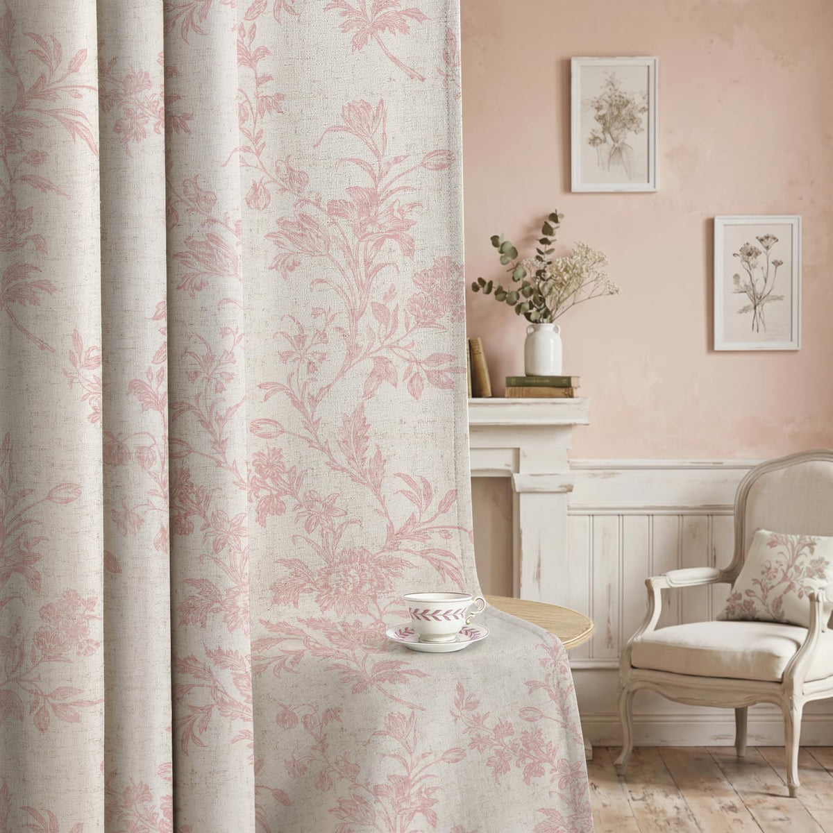 Boho Floral Light Filtering Curtains 84 Inch 2 Panels Linen Texture