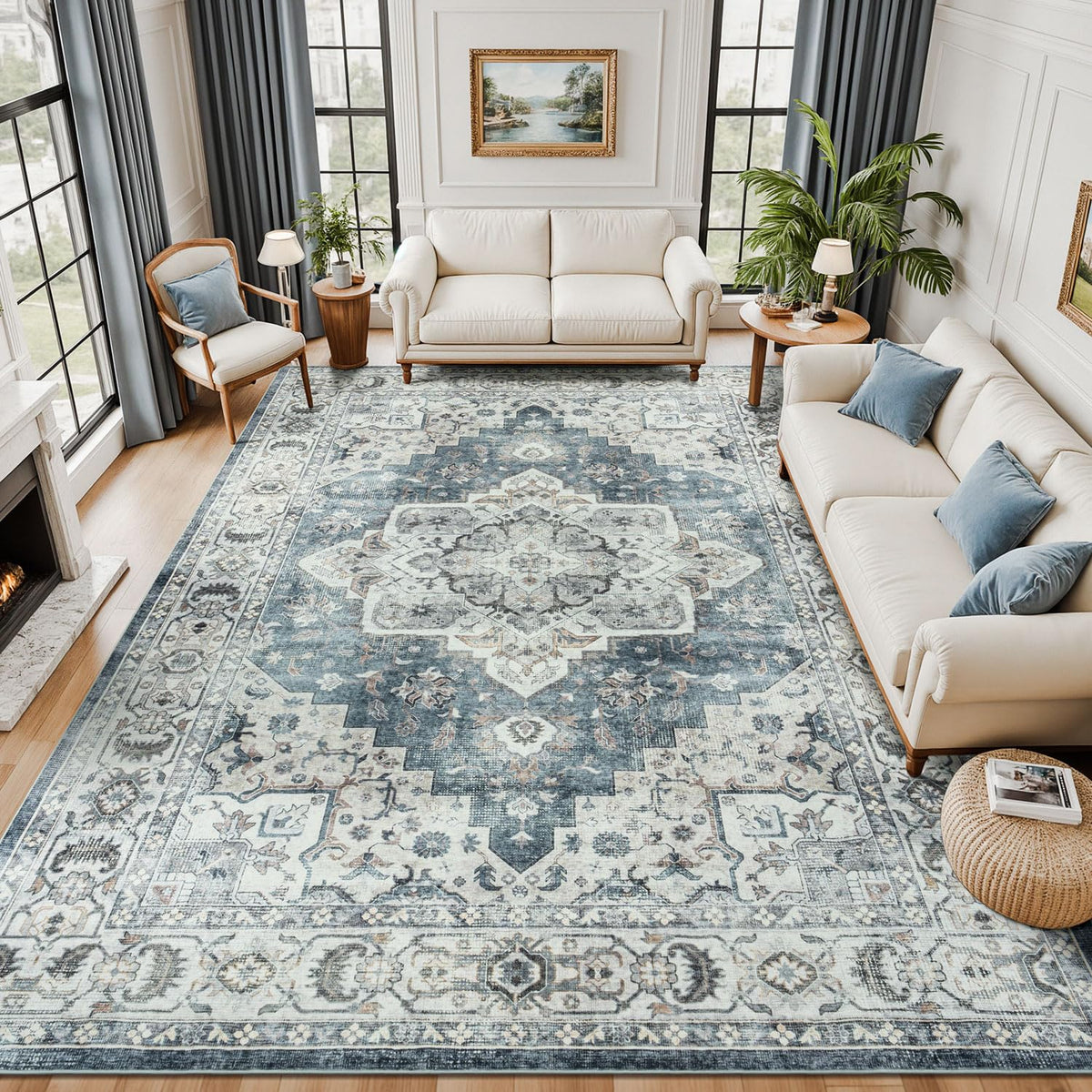 Lessymo 8 x 10 Area Rugs for Living Room, Machine Washable Rug Grey White