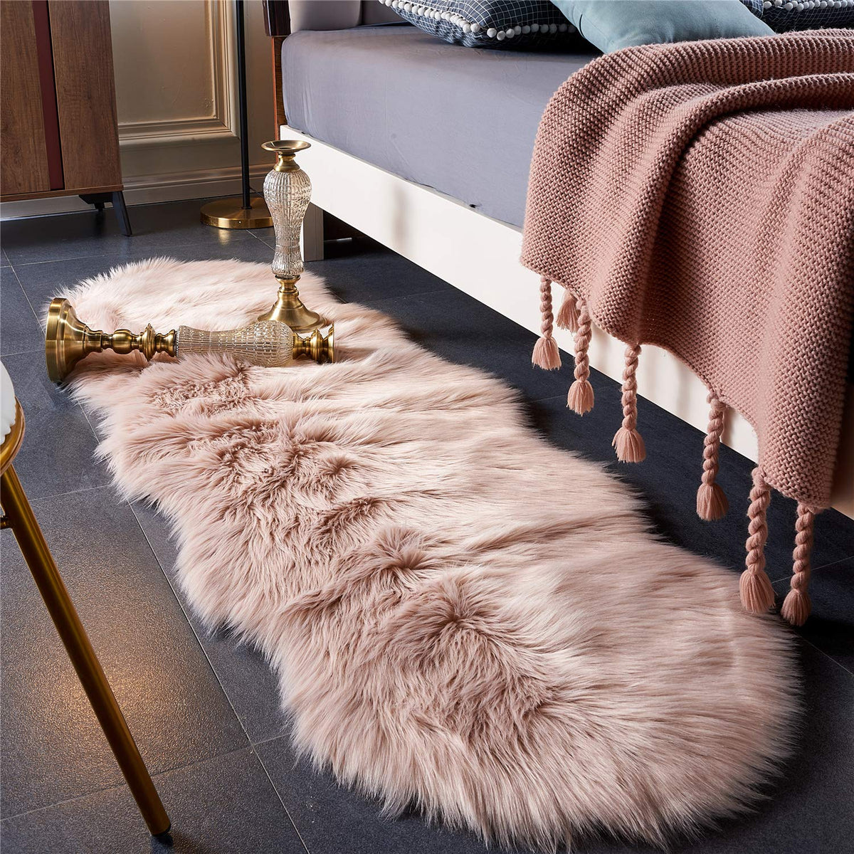 EasyJoy Ultra Soft Fluffy/Fuzzy Shaggy Area Rug Faux Fur Chair Cover Seat Pad for Bedroom Floor Sofa Living Room (2 x 6 ft Sheepskin, Beige)
