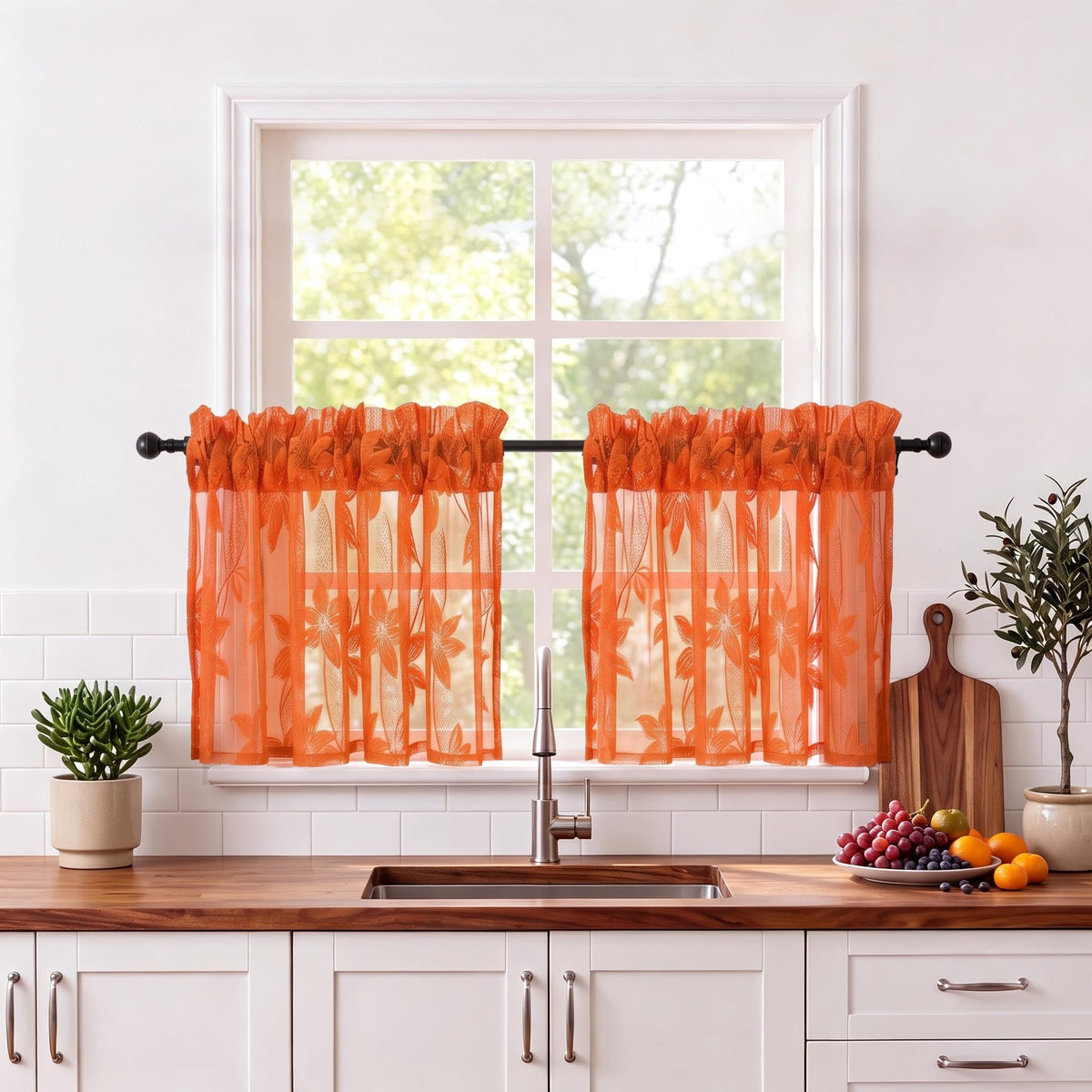 DWCN White Sheer Curtains - Short Curtains Floral Lace Design Rod Pocket Window Voile Sheer Drapes for Bedroom Kitchen Small Window 42 x 54 inch Length, 2 Panels White