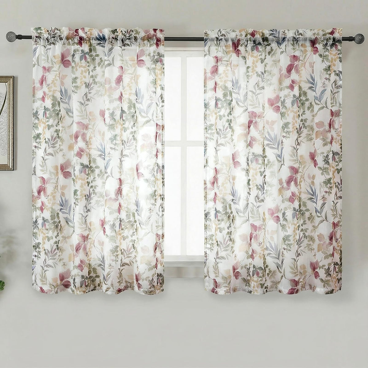 OWENIE Crushed Sheer Curtains 63 Inch Length 2 Panels Set, Sheer Floral Curtians with Printed Leaves Design, Printing Drapes for Living Room, Rod Pocket Light Filtering Window Sheers 42" W x 63" L