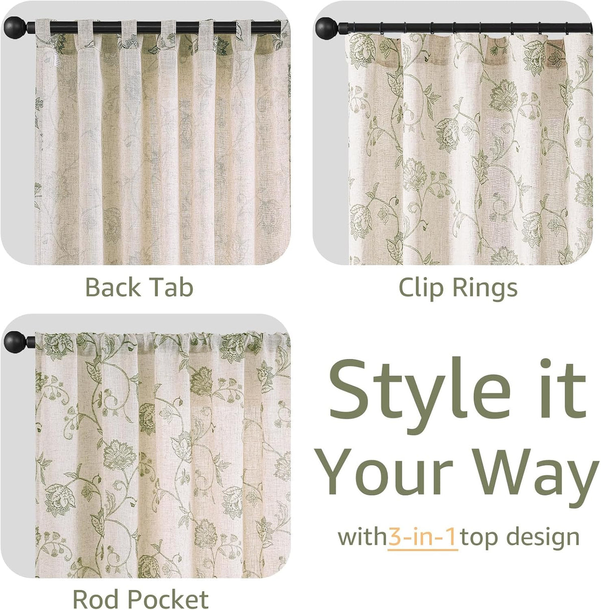jinchan Green Floral Linen Curtains 84 Inch Vintage Back Tab 2 Panels