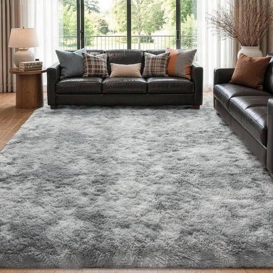 9x12 Extra Large Fluffy Area Rugs for Living Room Tie-Dyed Light Grey